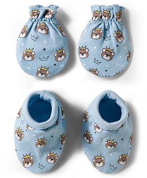 Babyhug 100% Cotton Knit Mittens & Booties With Teddy Bear Print - Light Blue