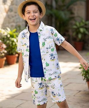 Pine Kids Single Jersey Knit Half Sleeves Shirt & Shorts Co-ord Set With Boat Print & Inner Tee - White