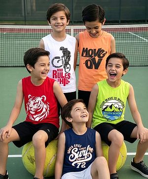 Pine Kids Cotton Knit Sleeveless Tank T-Shirts with Text Print Pack of 5 - Multicolor