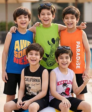 Pine Kids Cotton Knit Sleeveless Tank T-Shirts with Text Print Pack of 5 - Multicolor