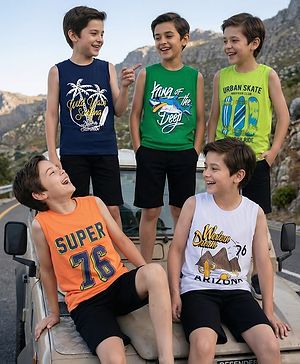 Pine Kids Cotton Knit Sleeveless Tank T-Shirts with Text Print Pack of 5 - Multicolor