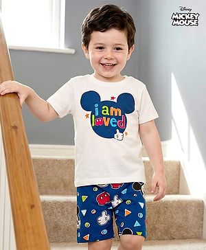 Babyhug Disney Single Jersey Knit Half Sleeves Shorts Night Suit With Mickey Mouse Graphics - White