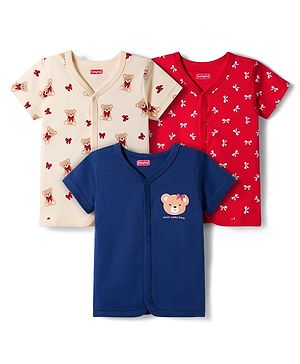 Babyhug 100% Cotton Front Open Jhablas With Animal Print Pack Of 3 - Navy Blue Red & Cream