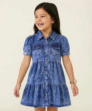 Pine Kids Cotton Woven Half Sleeves Solid Colour Frock - Navy Blue