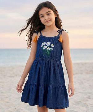 Pine Kids Cotton Woven Sleeveless Frock With Floral Embriodery - Navy Blue