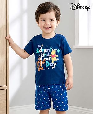 Babyhug Disney Single Jersey Knit Half Sleeves Shorts Night Suit With Winnie & Friends Print - Navy Blue