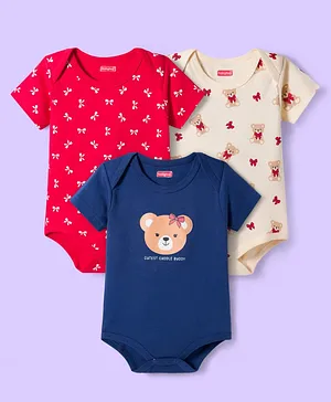 Babyhug 100% Cotton Onesies With
                              Animal Print Pack Of 3 - Red Navy Blue
                              & Cream