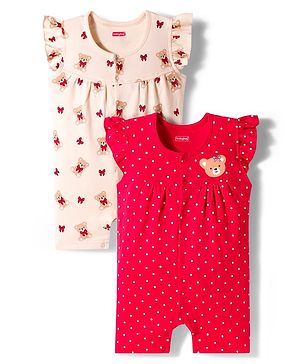 Babyhug 100% Cotton Interlock Knit Frill Sleeves Rompers with Bear & Polka Dot Pack of 2 - Red & Cream