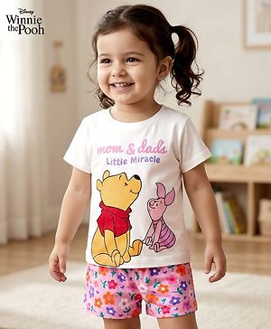 Babyhug Disney Single Jersey Knit Half Sleeves Shorts Night Suit With Winne & Friends Graphics - White