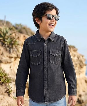 Pine Kids Woven Full Sleeves Solid Denim Shirt - Black