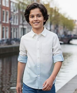 Pine Kids Cotton Woven Full Sleeves Solid Colour Shirt - Blue & White