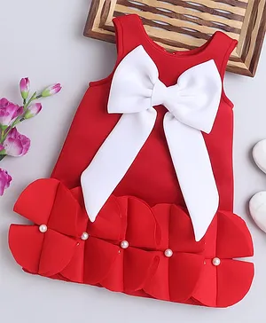 NAVKIYA G Knit Sleeveless Bow
                              Embellished Knee Length Dress - Red