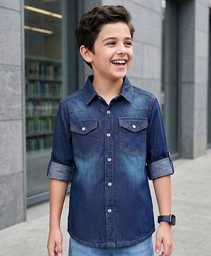 Pine Kids Denim Woven Full Sleeves Washed Shirt - Blue