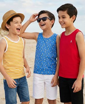 Pine Kids Cotton Knit Sleeveless Striped & Boat Printed Vests Pack of 3 - ( Colour May Vary)