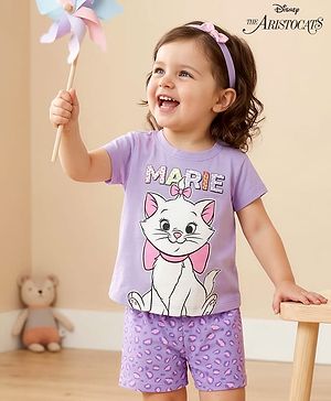 Babyhug Disney Single Jersey Knit Half Sleeves Shorts Night Suit With Marie Graphics - Lavender