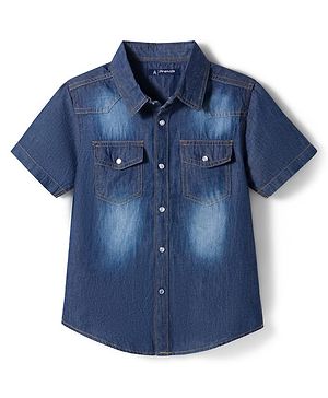 Pine Kids Woven Half Sleeves Washed Denim Shirt - Blue