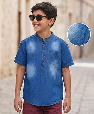 Pine Kids Denim Woven Half Sleeves Mandarin Collar Washed Shirts - Blue
