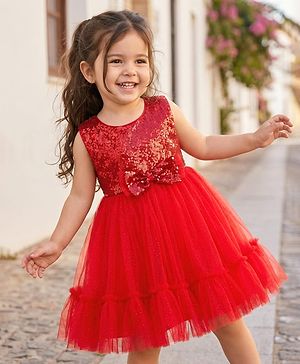 Babyhug Mesh Woven Sleeveless Party Dress With Sequin Detailing On Yoke & Bow Applique - Red