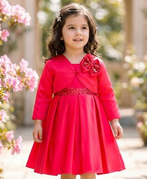 Babyhug Satin Woven Full Sleeves Party Fress with Shrug Bow & Sequin Detailing - Red