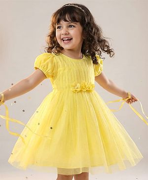 Babyhug Mesh Woven Half Puffed Sleeves Party Dress With Floral Corsage - Yellow