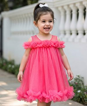 Babyhug Mesh Woven Sleeveless Party Dress With Floral Corsage - Pink