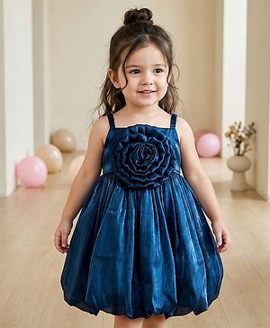 Babyhug Woven Sleeveless Balloon Style Party Dress With Floral Applique - Teal Blue