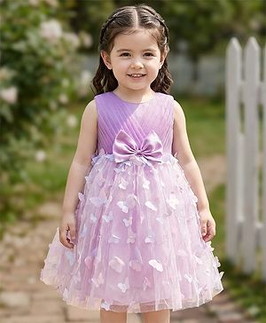 Babyhug Mesh Woven Sleeveless Party Dress With 3D Butterfly & Bow Applique - Lavender