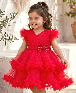 Babyhug Mesh Woven Frill Sleeves Solid Colour Frilled Dress with Bow Applique - Red