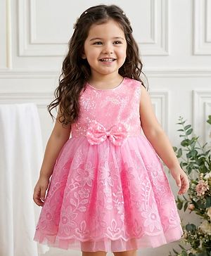 Babyhug 5 Layers Mesh Sleeveless Party Dress With Premium Lace Fabric & Sequins Detailing on Yoke and Bow - Pink