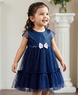 Babyhug Mesh Woven Cap Sleeves Party Dress With Sequinned Yoke & Bow Applique - Navy Blue