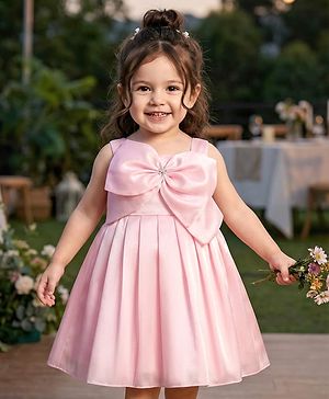 Babyhug Woven Sleeveless Solid Color Pleated Party Dress with Bow Applique - Baby Pink