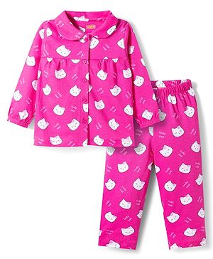 Babyhug Cotton Knit Full Sleeves Co-ords Night Suit With Kitty Print - Pink
