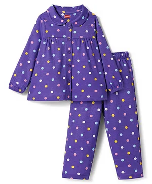 Babyhug Cotton Knit Full Sleeves
                              Co-ords Night Suit With Polka Dot Print -
                              Purple