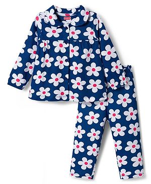 Babyhug Cotton Knit Full Sleeves Co-ords Night Suit With Floral Print - Navy Blue