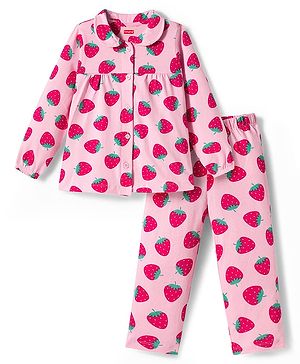 Babyhug Cotton Knit Full Sleeves Co-ords Night Suit With Strawberry Print - Pink