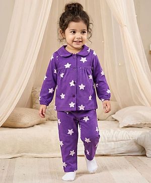Babyhug Cotton Knit Full Sleeves Co-ords Night Suit With Star Print - Purple
