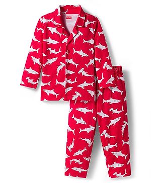 Babyhug Cotton Knit Full Sleeves Co-ords Night Suit With Shark Print - Red