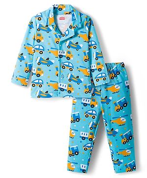 Babyhug Cotton Knit Full Sleeves Co-ords Night Suit With Vehicle Print - Blue
