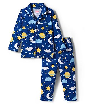 Babyhug Cotton Knit Full Sleeves Co-ords Night Suit With Star Print - Navy Blue