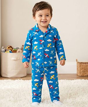 Babyhug Cotton Knit Full Sleeves Co-ords Night Suit With Aeroplane Print - Blue