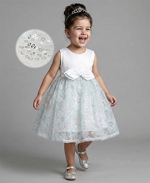 Bonfino Woven Sleveless Party Dress with Sequin Floral Detailing & Bow Applique - Mint & White