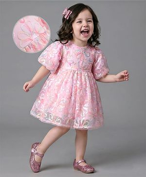 Bonfino Woven Half Puffed Sleeves Party Dress with Sequin Detailing - Pink