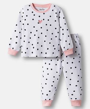 Bonifino 100% Cotton Knit Full Sleeves Co-ord Night Suit With Polka Dot Print - White