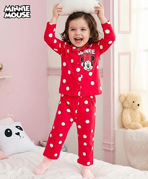 Babyhug Disney Single Jersey Knit Full Sleeves Night Suit With Minnie Mouse Graphics - Red