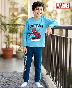Babyhug Marvel Single Jersey Knit Full Sleeves Night Suit with Spider-Man Graphics - Light & Teal Blue