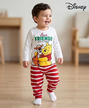 Babyhug Disney Single Jersey Knit Full Sleeves Night Suit With Winnie The Pooh Graphics - White & Red