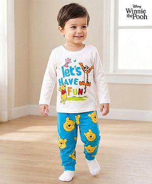 Babyhug Disney Single Jersey Knit Full Sleeves Night Suit With Winnie The Pooh Graphics - White & Light Blue