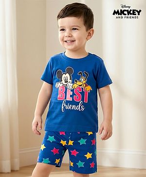 Babyhug Disney Single Jersey Knit Half Sleeves Shorts Night Suit With Mickey & Friends Graphics - Navy Blue