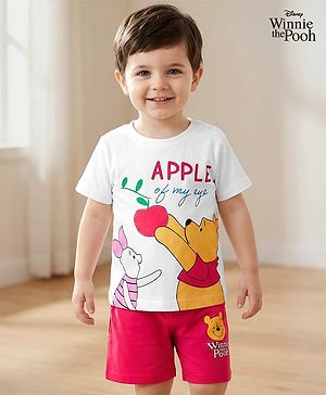 Babyhug Disney Single Jersey Knit Half Sleeves Short Night Suit With Winnie & Friends Graphics - White & Red