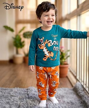 Babyhug Disney Single Jersey Knit Full Sleeves Night Suit With Animal Print - Navy Blue & Rust Orange